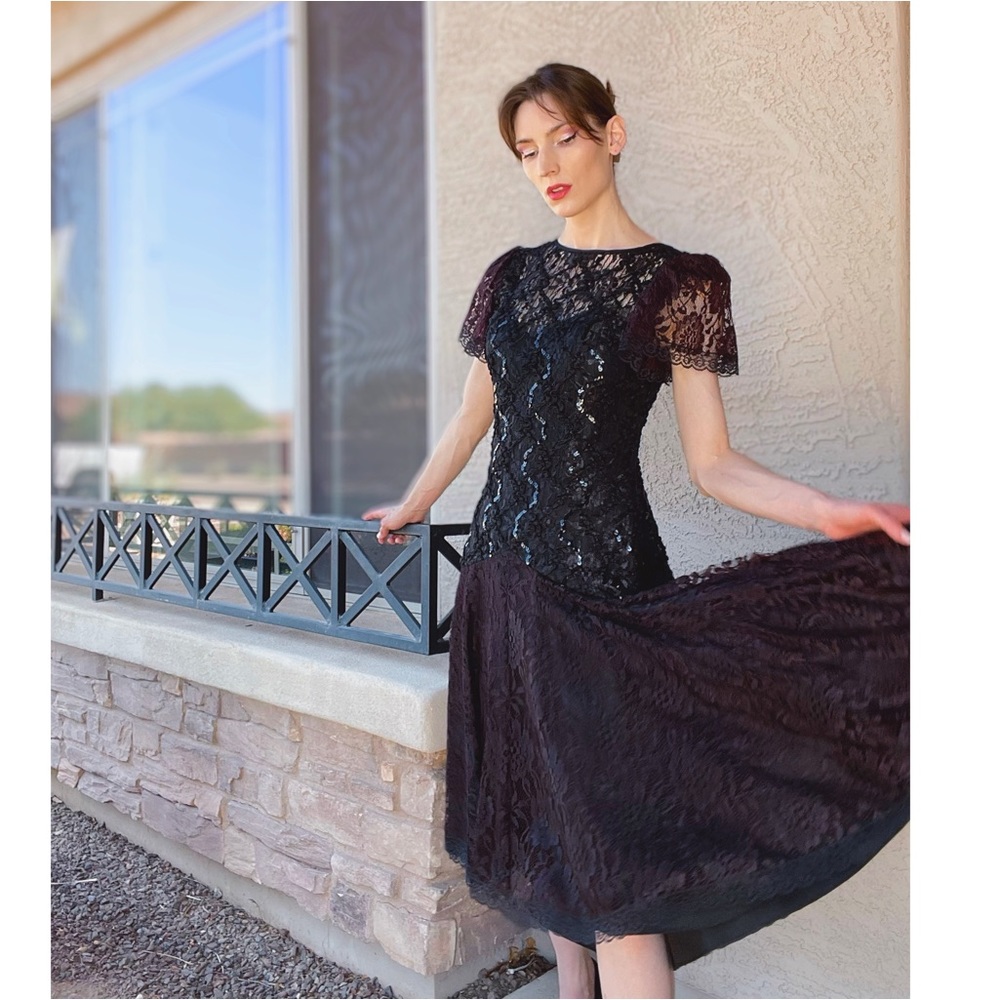 VINTAGE 90s SHUET YOUNG Black & Brown Lace Flutter Sleeve Flounce Midi Dress S - Picture 8 of 10